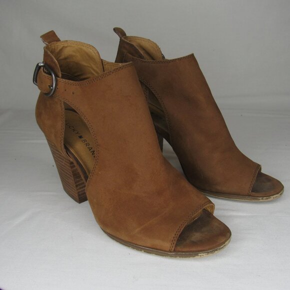 Lucky Brand Brown Leather Suede OONA Peep Toe Heel Bootie Women's 8.5 - Picture 5 of 9